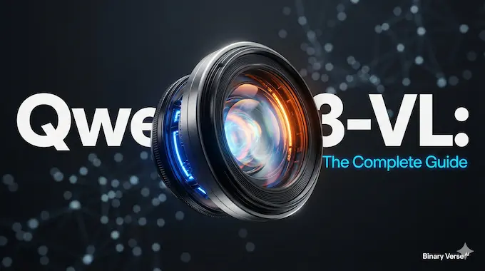 A futuristic optical lens core glowing with blue and orange light representing Qwen3-VL.