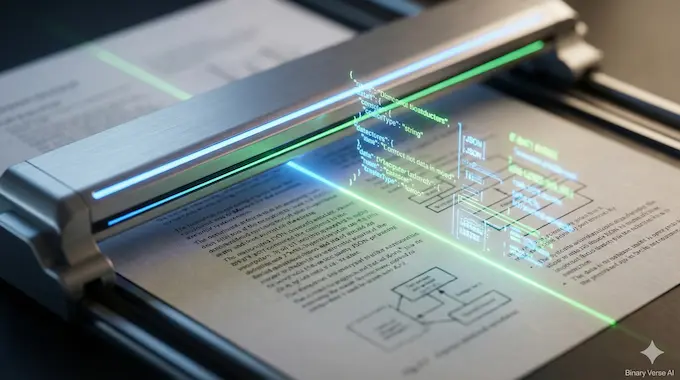 A futuristic scanner converting physical text into glowing 3D data representing Qwen3-VL OCR.