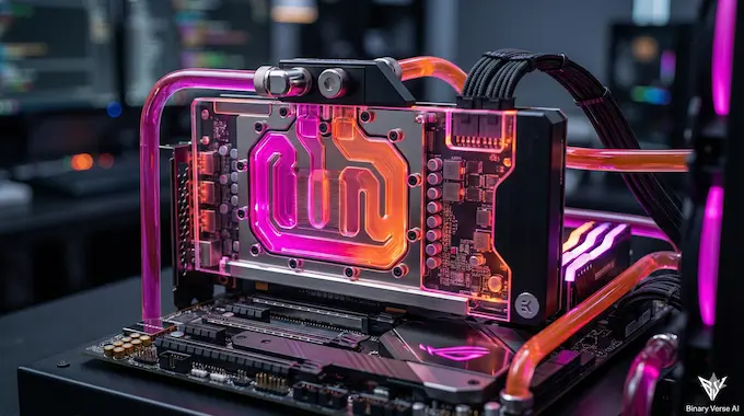 A close-up photograph of a powerful, liquid-cooled GPU glowing with intense heat while running local FLUX.2 computations.