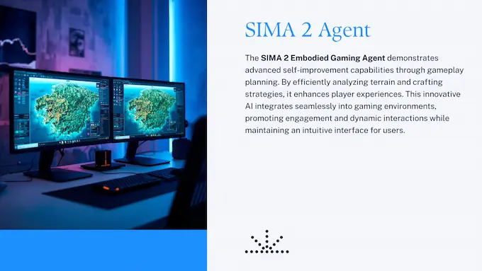 Bright gaming desk with SIMA 2 planning overlays and neutral 3D map in AI News November 15 2025.