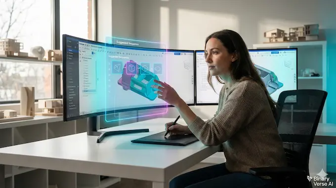 A female engineer uses an AI co-pilot in a CAD interface, demonstrating the Text to CAD concept.