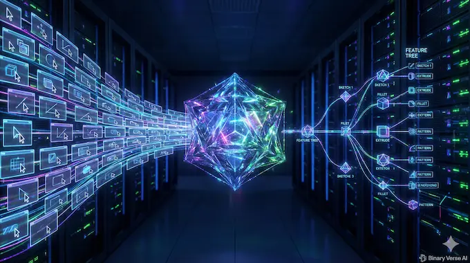 A technical visualization of the VideoCAD AI model digesting video data to create a Text to CAD feature tree.