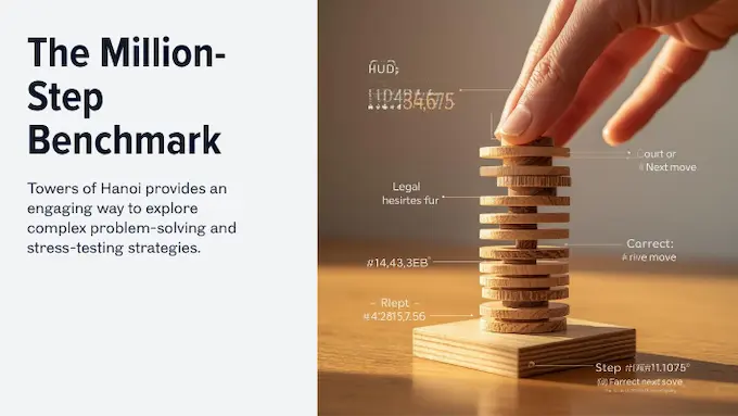 Close-up Towers of Hanoi board with clear move annotations, illustrating long-horizon AI problem solving.