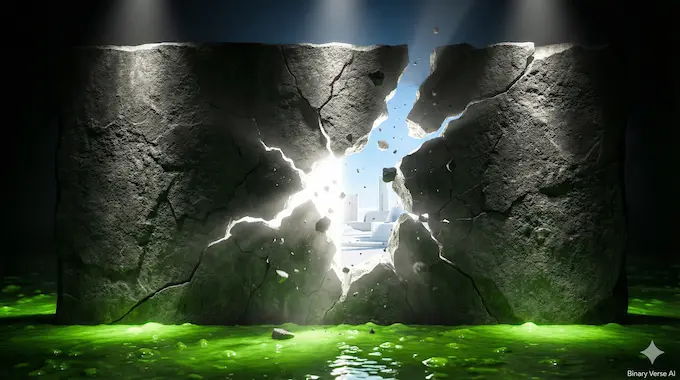 A dark stone wall cracking open to reveal light, symbolizing the breaking of the NVIDIA CUDA moat.