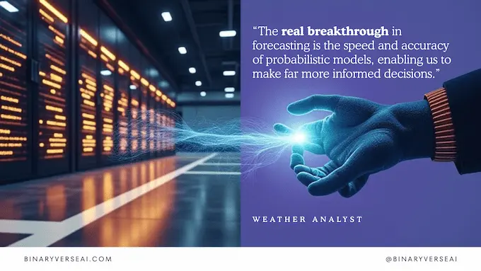 Modern lab split scene contrasting slow supercomputers with fast ensemble forecasts powered by WeatherNext 2.