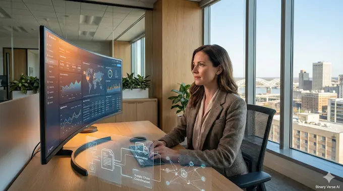 An editorial portrait of a professional woman in an office with data overlays symbolizing hidden white-collar AI exposure defined by the Iceberg Index.