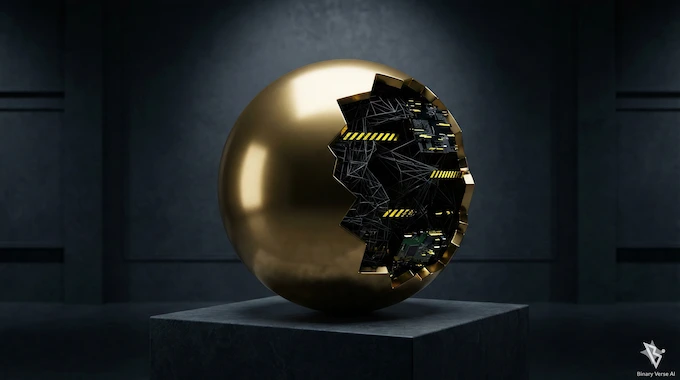 A golden sphere that looks perfect in front but broken behind, symbolizing AI confessions and reward hacking.