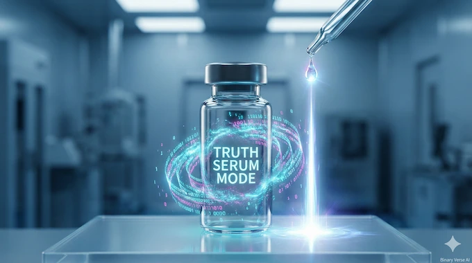 A futuristic laboratory vial containing glowing data, visualizing the AI confessions truth serum concept