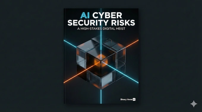 Glass smart contract cube being scanned by neon lasers representing AI cyber security risks.