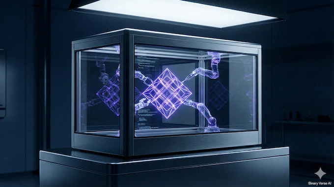 AI agents dissecting code inside a high-tech glass sandbox for cyber security testing.