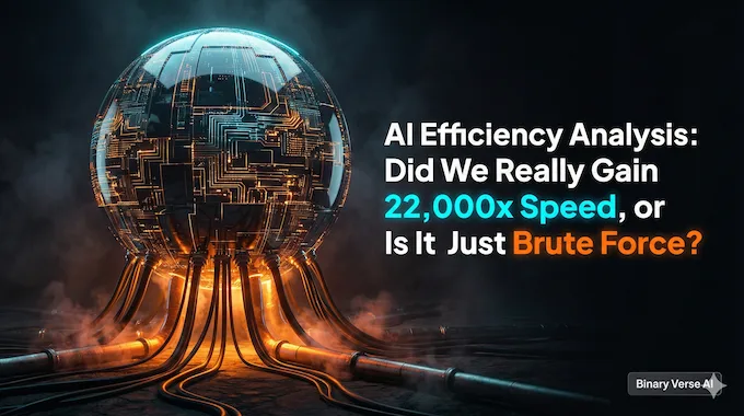 A glowing futuristic AI sphere tethered to industrial power cables representing AI efficiency versus brute force.