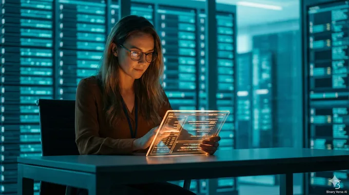 A female researcher working on a tablet overshadowed by a massive wall of blue server lights.