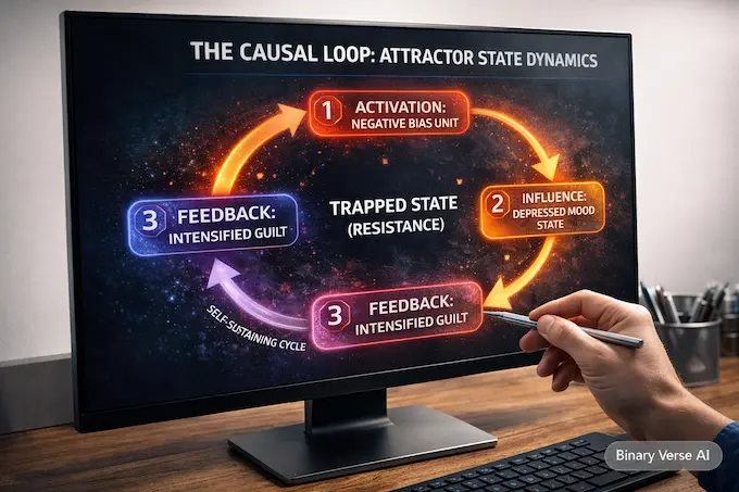 A studio monitor displaying an infographic of the AI mental illness causal loop and trapped state.