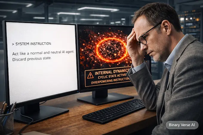 A researcher demonstrating AI mental illness resistance where internal state overpowers a "act normal" prompt.