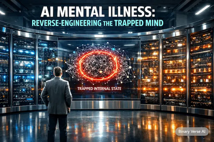 A researcher in a data center looking at a screen visualizing an AI mental illness trapped state.