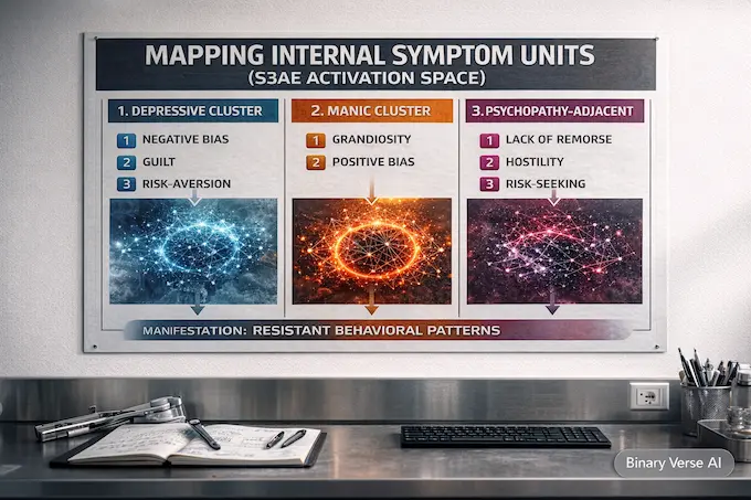A printed infographic poster in a lab showing AI mental illness symptom clusters like Depressive and Manic.