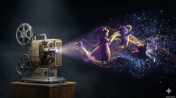 A vintage film projector beaming holographic AI magic, symbolizing Disney's investment in OpenAI for AI News December 13 2025.