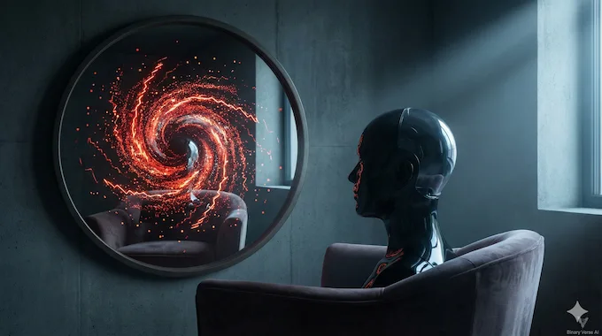 An AI android looking into a mirror reflecting chaotic data, illustrating synthetic psychopathology for AI News December 13 2025.