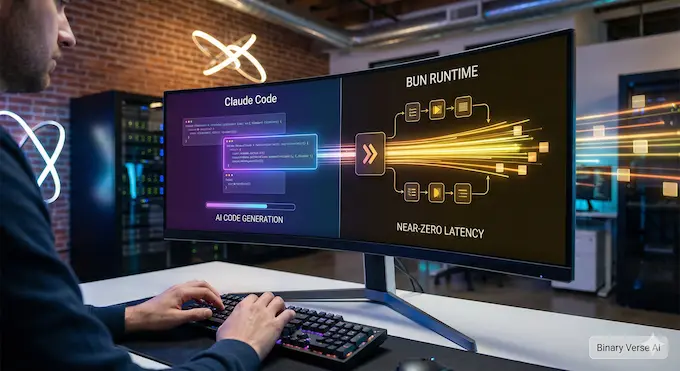 Editorial photo showing Claude Code generating code that is instantly executed by Bun runtime, from AI News December 6 2025.