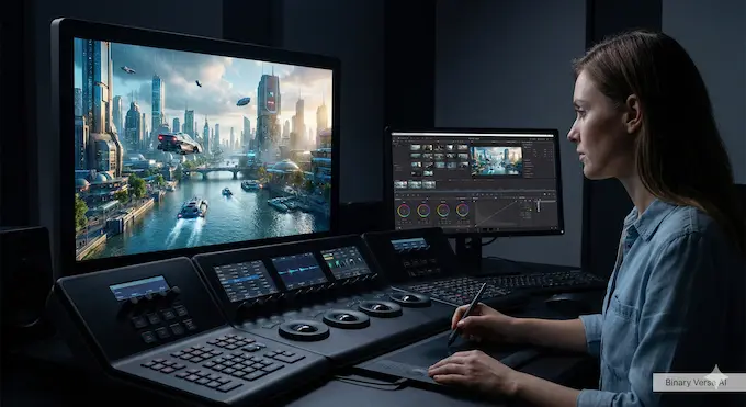 Cinematic photo of a professional editor working with highly realistic AI video from Runway Gen-4.5, featured in AI News December 6 2025.