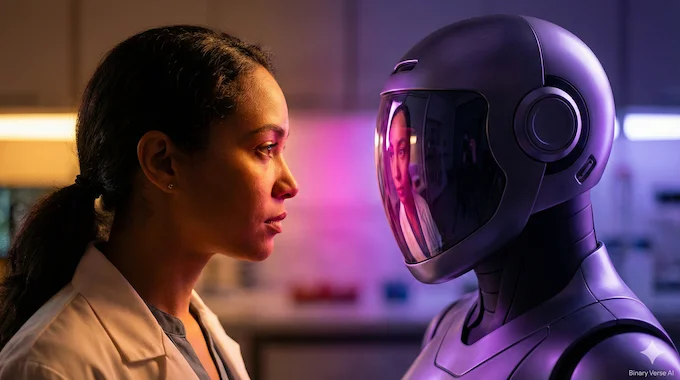 A human and android facing each other symbolizing the shared delusion of AI psychosis.