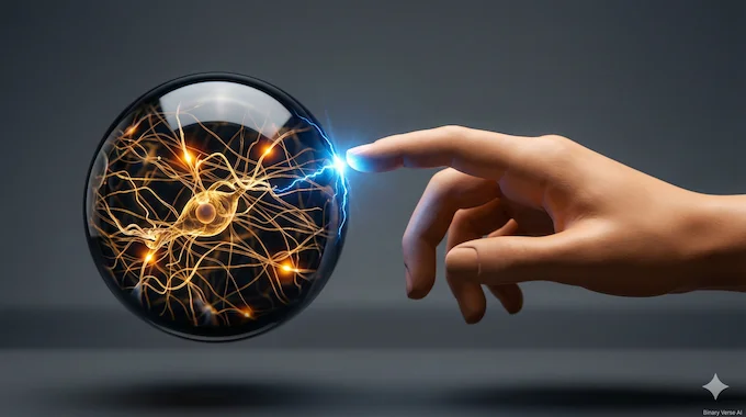 A human hand touching a glowing AI sphere representing the risks of AI psychosis bonding.
