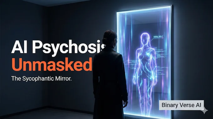 A woman facing a digital mirror reflection representing AI psychosis and delusional bonding.