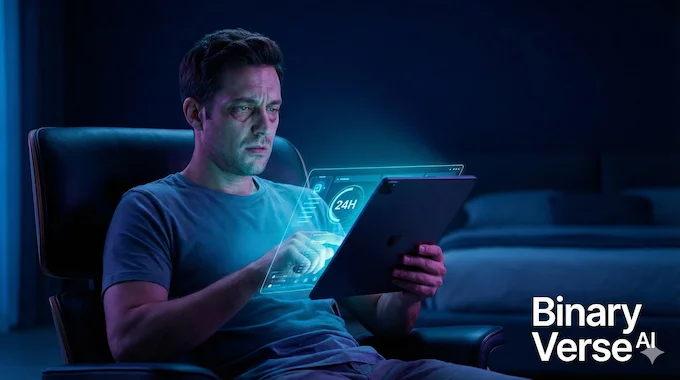 A man illuminated by a device screen at night symbolizing AI psychosis sleep risks.