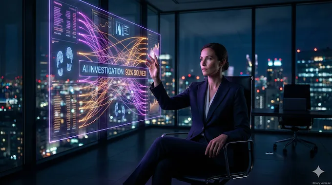A professional investigator analyzing complex holographic data, symbolizing solved AI Workforce tasks.