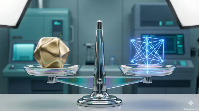 futuristic glass scale balancing human effort against efficient AI Workforce capability.