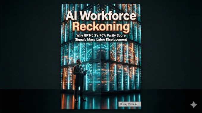 A human analyst facing a towering AI server monolith representing the AI Workforce.