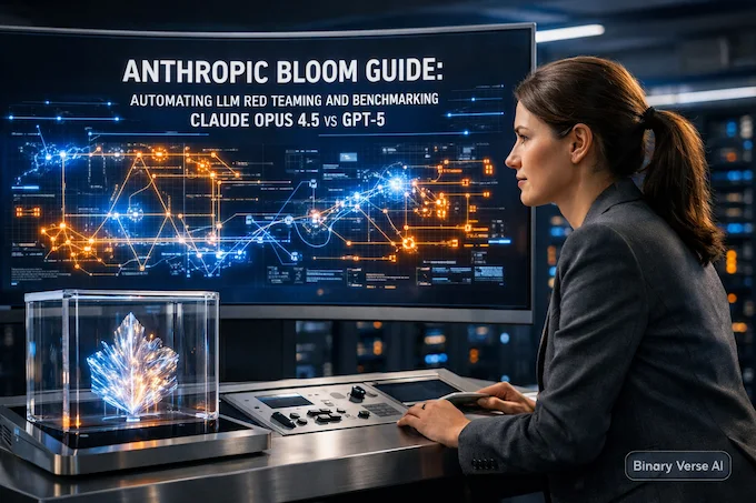 Engineer in server lab analyzing Anthropic Bloom data for AI red teaming.