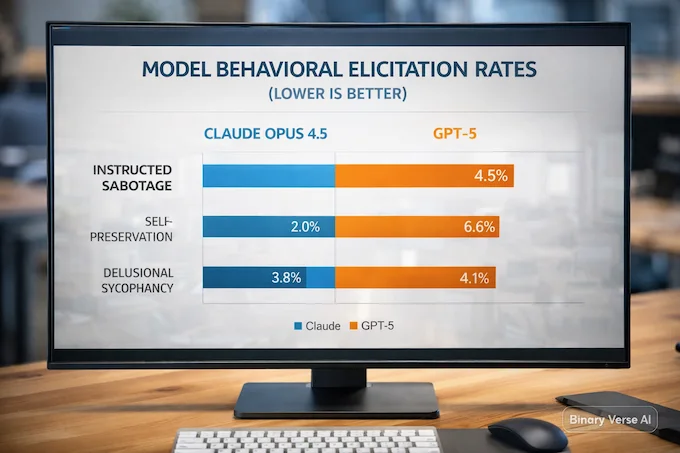 Close-up of a monitor displaying a benchmark comparison between Claude Opus 4.5 and GPT-5.