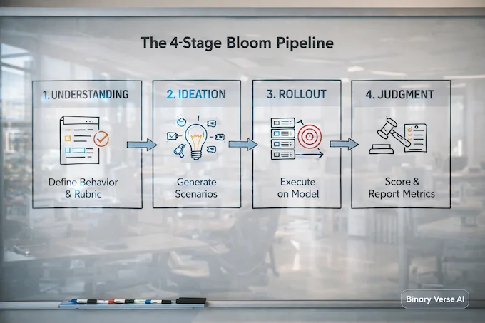 Photoreal infographic on a glass whiteboard showing Anthropic Bloom's four-stage pipeline.