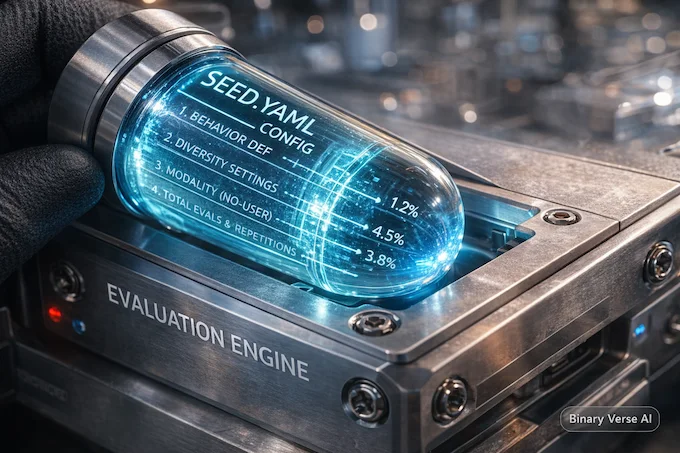 Photoreal macro shot of a 'seed.yaml' configuration capsule being inserted into evaluation hardware.