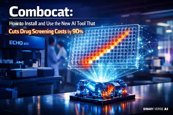 A futuristic AI core projects a drug screening plate with a diagonal line of illuminated wells, illustrating the Combocat tool's efficiency.