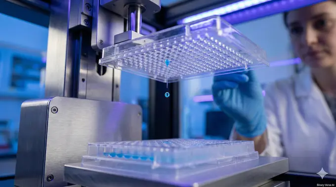 A close-up photograph of an Echo 655 liquid handler dispensing a nanoliter droplet into a 1536-well plate.