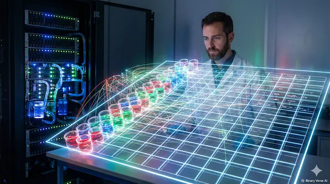 A holographic visualization showing a diagonal line of measured data points extending to predict a full drug combination matrix using AI.