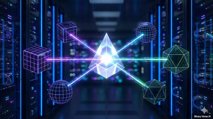 A glowing central prism connecting data streams representing the Global Workspace Theory of Consciousness in AI.