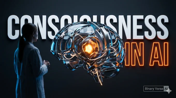 Researcher observing a glowing artificial brain sculpture representing Consciousness in AI.