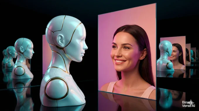 An AI android looking in a mirror seeing a human reflection, illustrating Consciousness in AI mimicry.
