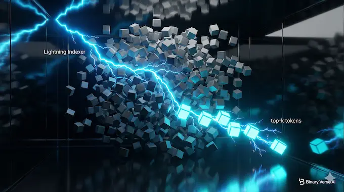 A neon blue lightning beam connects specific data points in a cloud, visualizing DeepSeek V3.2 Speciale's Sparse Attention.