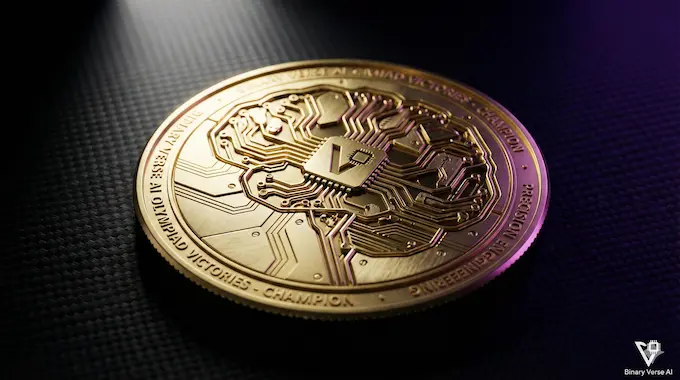 A macro shot of a futuristic gold circuit medal representing DeepSeek V3.2 Speciale's benchmark victories.