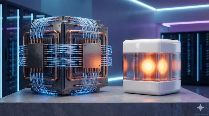 Two futuristic AI hardware prototypes on a pedestal, one large and complex representing 123B, one sleek and compact representing 24B.