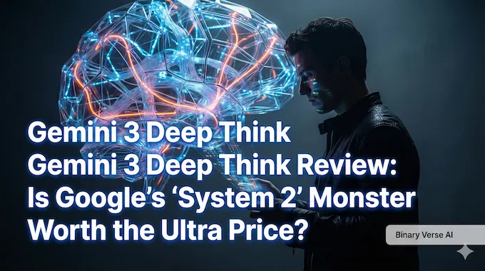 Researcher observing a glowing Gemini 3 Deep Think neural network with review title text.