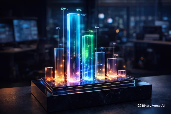 A holographic data sculpture shows Gemini 3 Flash benchmark pillars glowing almost as high as the Pro tier pillars.