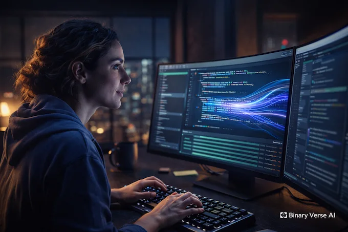 A developer in a modern studio uses Gemini 3 Flash for fast, iterative coding, showing AI light streams on monitors