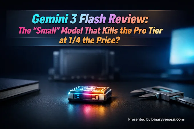 Compact glowing AI chip outshining a larger module in a cover-style scene, capturing Gemini 3 Flash speed and value.