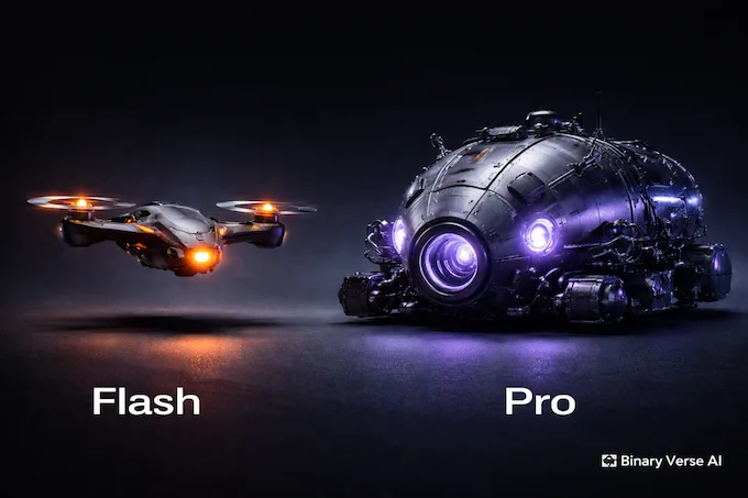 A visual comparison shows a sleek, fast Gemini 3 Flash drone next to a massive, heavy Gemini 3 Pro submersible.