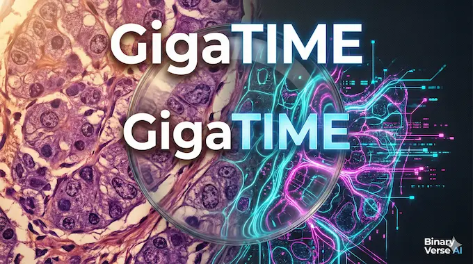 Analog tissue morphing into digital protein maps with GigaTIME title, illustrating AI cancer research.